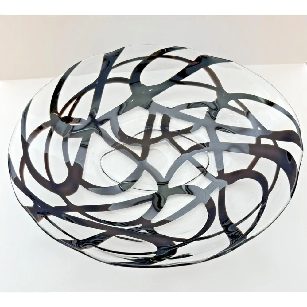 Vintage IKEA Firenze Art Glass Bowl by Martin Bergstrom Handblown Black Swirl
